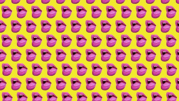 trendy colorful repeating pattern of female lips or mouth on a yellow background. High quality photo - Photo, Image