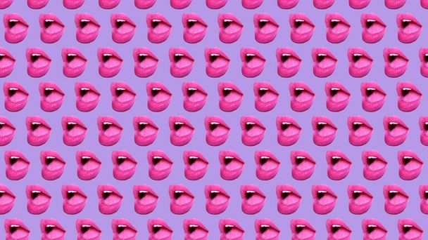 trendy colorful repeating pattern of female lips or mouth on a pink background. High quality photo - Fotoğraf, Görsel