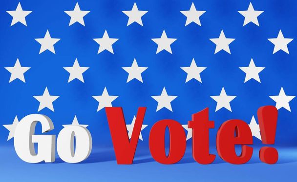 Go Vote sign 3d rendering USA national flag stars blue background. American Elections President Government Voting poll Patriotic poster Mobile wallpaper, social media banner political campaign content - Photo, Image