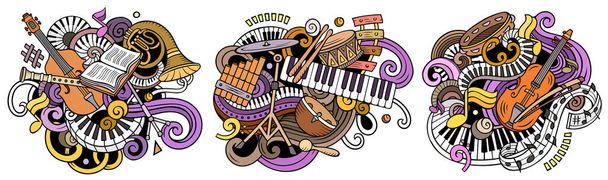 klasszikus zene rajzfilm raszteres firka tervez készlet. Színes, részletes kompozíciók sok zenei tárgyak és szimbólumok. - Fotó, kép