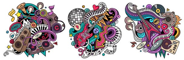 Disco music cartoon raster doodle designs set. Colorful detailed compositions with lot of musical objects and symbols. - Photo, Image