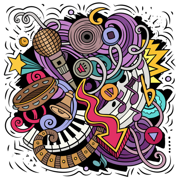 Música desenho animado raster ilustração. Composição detalhada colorida com muitos objetos e símbolos musicais. - Foto, Imagem