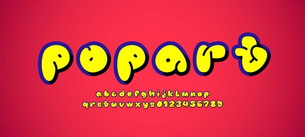 Fuente amarilla, alfabeto cómico en el estilo de dibujos animados, letras y números mayúsculas y minúsculas, ilustración vectorial 10EPS - Vector, imagen