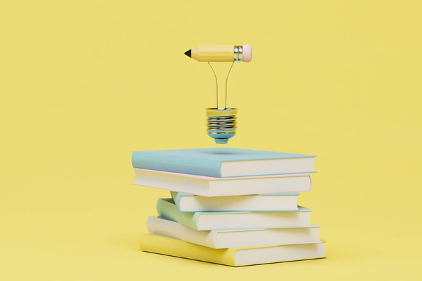 pokolenie pomysłów naukowych. żarówka z ołówkiem i stos książek na żółtym tle. Renderowanie 3D. - Zdjęcie, obraz