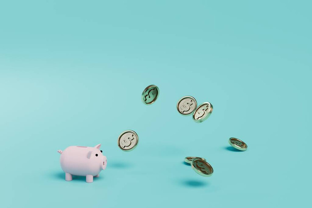 お金を家に置いて。豚の銀行とドル硬貨が青い背景を飛んでいます。3Dレンダリング. - 写真・画像
