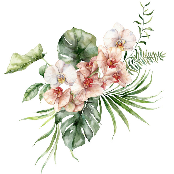 Acuarela flores tropicales ramo de orquídeas, monstruos y helechos. Cartel floral pintado a mano aislado sobre fondo blanco. Ilustración de vacaciones para diseño, impresión, tela o fondo - Foto, imagen