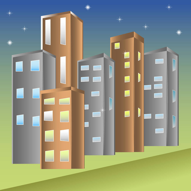 miejskie budynki mieszkalne na tle wieczornego nieba z gwiazdami - Zdjęcie, obraz