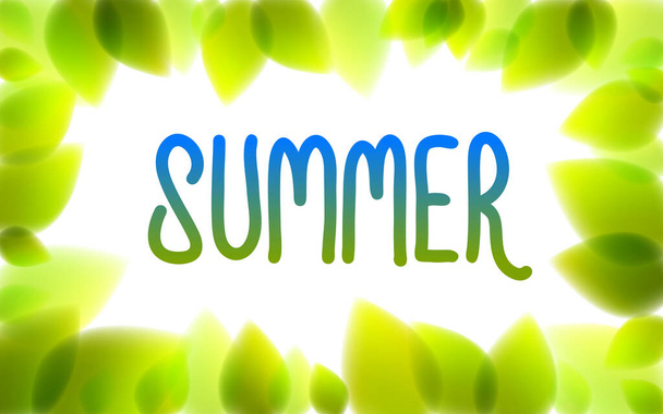 Summer word drawn on a window, fresh green leaves blurred background, vector realistic illustration, summertime nature beautiful art. - Vektor, obrázek