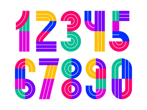 Geometric numbers set, vector digits, retro 90s style trendy numerals made with geometry elements, lined stripy design. - Vektor, kép