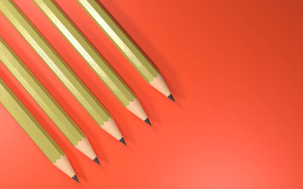 3D-Rendering von vier gelben Bleistiften auf rotem Hintergrund - Foto, Bild