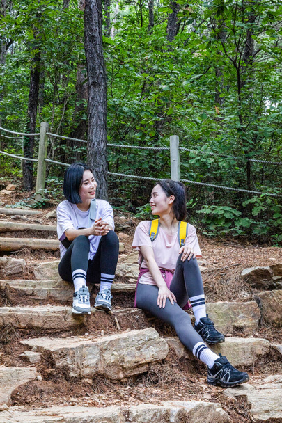 korean young women hiking and plogging_trekking mountain - Photo, Image