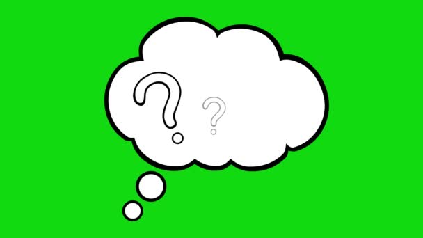Siyah beyaz çizilmiş düşünce bulutu ve soru işaretlerinin animasyonu. Yeşil krom anahtar arka planında - Video, Çekim