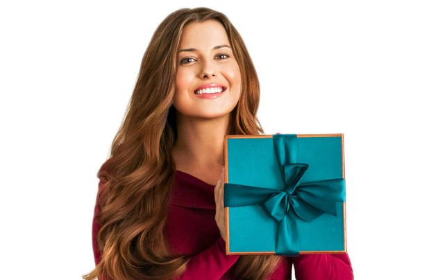 Birthday, Christmas or holiday present, happy woman holding a blue gift or luxury beauty box subscription delivery isolated on white background, portrait - Photo, image