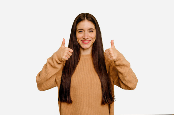 Young caucasian long hair woman isolated smiling and raising thumb up - Photo, Image