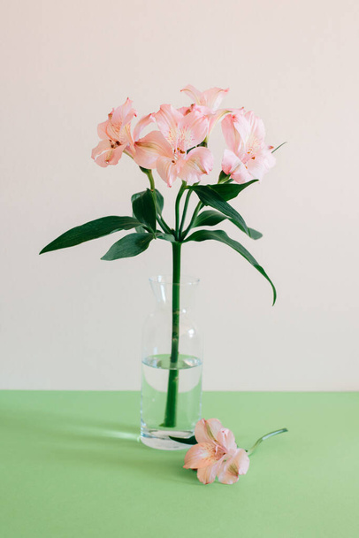 Kaunis vaaleanpunainen Alstroemeria kukkia maljakko vihreällä taustalla. Tekstipaikka. - Valokuva, kuva