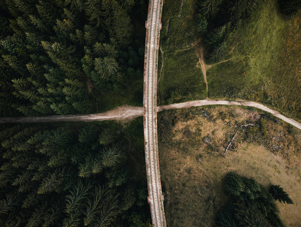 Eisenbahnbrücke - Viadukt von Telgart in Europa Slowakei von oben (Ansicht von oben) mit schönen Kiefernwald und Pfad unter dem Viadukt. Luftaufnahme der Kreuzung per Drohne - Weitwinkelaufnahme. - Foto, Bild