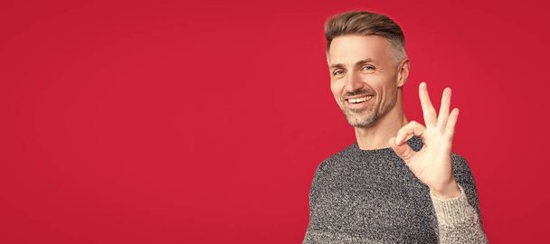 Man face portrait, banner with copy space. smiling grizzled guy in sweater on red background show ok gesture, lifestyle - Zdjęcie, obraz