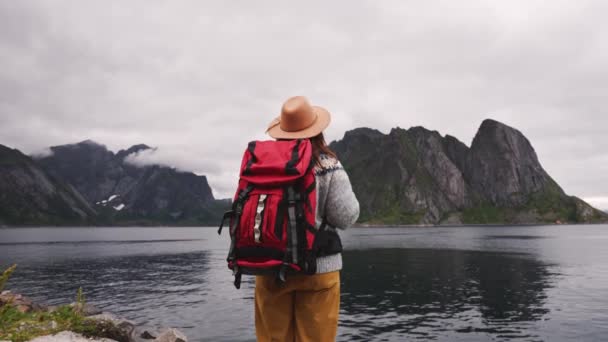 Щаслива жінка - туристка на Лофотенських островах у Норвегії, горах та морі.. - Кадри, відео