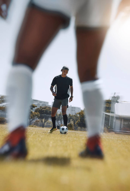 Soccer, sports man and team legs in game training on field while, running, passing and kick ball outdoors. Cardio health, active fitness and fast soccer player in football workout on sport pitch. - Zdjęcie, obraz