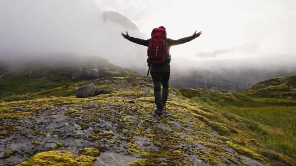 Hiker raising arms up holding trekking poles in hands after reaching spot overlooking beautiful mountain lake and mountains peaks. Traveler standing on rock looking at incredible highlands landscape - Footage, Video