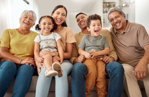 Happy, big family and portrait smile on sofa in happiness for relationship, quality bonding and time together at home. Parents, grandparents and kids smiling for relaxing family on living room couch. - Foto, afbeelding