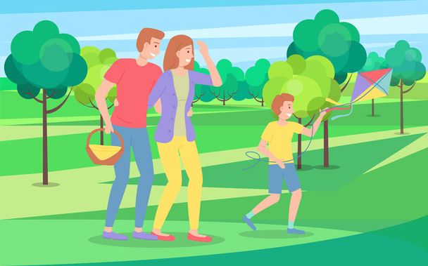 Married couple with child are walking in city park or forest, family picnic. Man carries basket of food, picnic in nature, child playing kite, sandwiches. Green succulent plantings. Flat image - ベクター画像