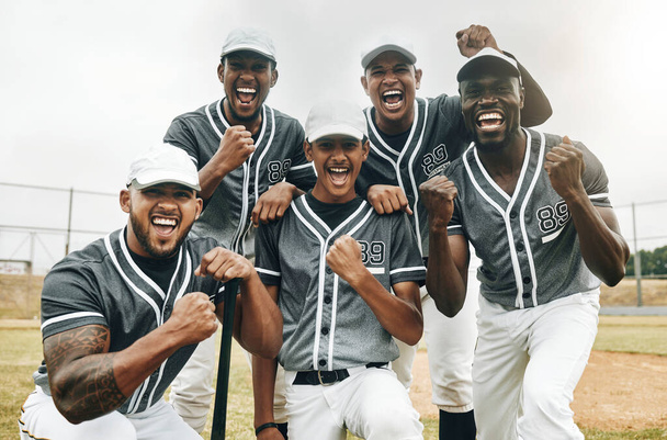 Baseball, motivation and winner with a team in celebration of success or victory on an outdoor grass pitch or field. Exercise, training and health with a baseball player group celebrating together. - 写真・画像