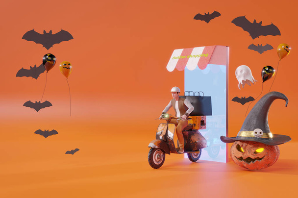 Ilustração 3D, renderização 3d. Serviço de entrega on-line Halloween Party monta scooters em torno de muitas abóboras na noite escura. Entrega rápida - Foto, Imagem