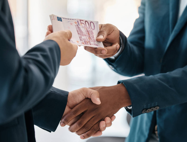 Hands, money and business exchange service or sale transaction in store. Closeup of businessmen dollar payment, boss pay worker or invest cash at bank with financial investment advisor in office. - Valokuva, kuva