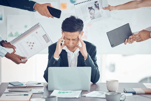Stress, tired and business man with burnout, headache and frustrated work pressure with hands of employees giving task. Manager, mental health and data analyst male stressed and depressed at desk. - Foto, Imagem