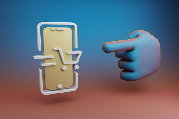 Krásné ilustrace abstraktní Ruční ukazováček ukazuje na smartphone Online Nákupní symbol ikonu na vícebarevném jasném pozadí. 3D vykreslující ilustrace. Vzor pozadí pro návrh.  - Fotografie, Obrázek
