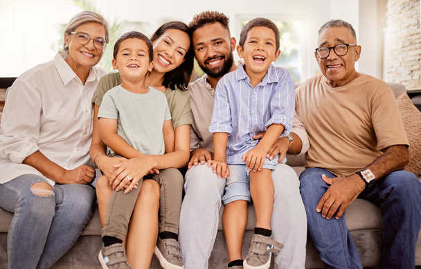 Big family, bonding and happy smile on a home living room sofa spending quality time together. Portrait of parents, elderly people and children with happiness smiling on a family home lounge couch. - Foto, imagen
