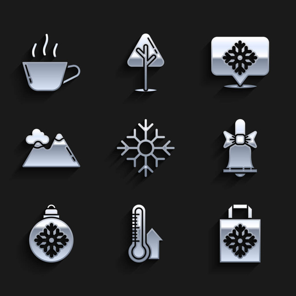 Set Snowflake Meteorologie thermometer meten Kerst papieren boodschappentas Merry rinkelende bel bal Bergen met spraakbel en Coffee cup icoon. Vector. - Vector, afbeelding