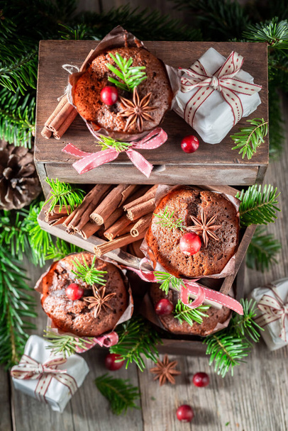 Homemade gingerbread muffins with cranberries and cinnamon for Christmas. Dessert for the Christmas. - Foto, Imagem