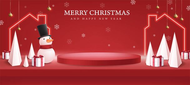 雪男円筒形とギフトボックスと家の形ネオンと表示するための壁に赤の棚のクリスマスの組成 - ベクター画像