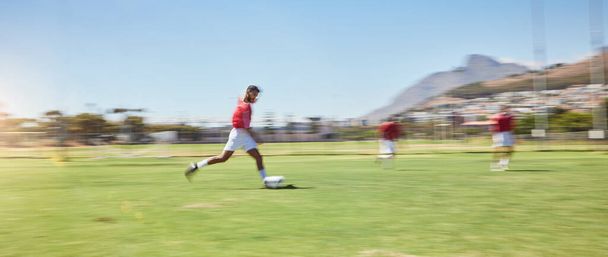 Running, football and sports with man on field training with team for fitness, games and workout. Freedom, health and goals with soccer player for exercise, energy and action on football field. - Photo, Image