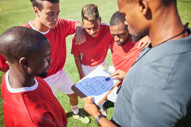 Soccer coaching, planning strategy and group sports competition, game and tactical training on outdoor pitch field. Football players manager, teamwork and paper formation, goals and learning sketch. - Photo, Image