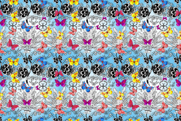 Nahtloses Muster mit Schmetterlingen. Hintergrund für Textil, Stoff, Druck und Einladung. Abbildung in neutralen, weißen und blauen Farben. - Foto, Bild