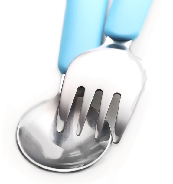 Blue baby cutlery isolated on white - 写真・画像