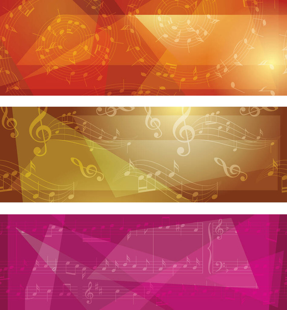 bright orange and yellow and crimson vector backgrounds with abstract music notes and geometric shapes - set of banners - Vetor, Imagem