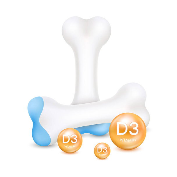 Gesunder Knochenknorpel mit orangenem Vitamin D3. Anatomiemodell des menschlichen Skeletts isoliert auf weißem Hintergrund. Mineralien pflegen das Knochenkniegelenk. Realistischer 3D Vektor. Medizinwissenschaftliches Konzept.  - Vektor, Bild