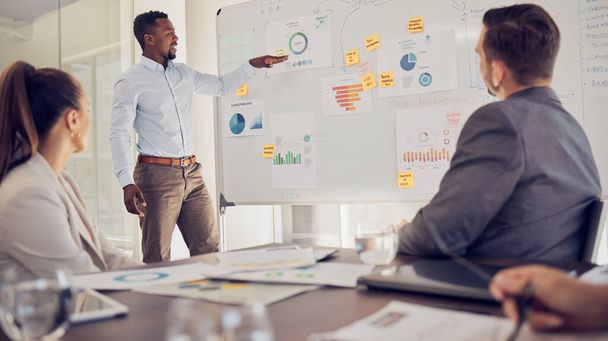 Businessman, leader or ceo with presentation on a whiteboard for marketing team during a meeting in an office boardroom. Black man or manager with research graphs and advertising data while planning. - Photo, Image