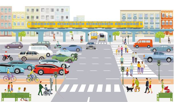 Car on the road junction in traffic jam with pedestrian crossing, illustration - Vector, Image