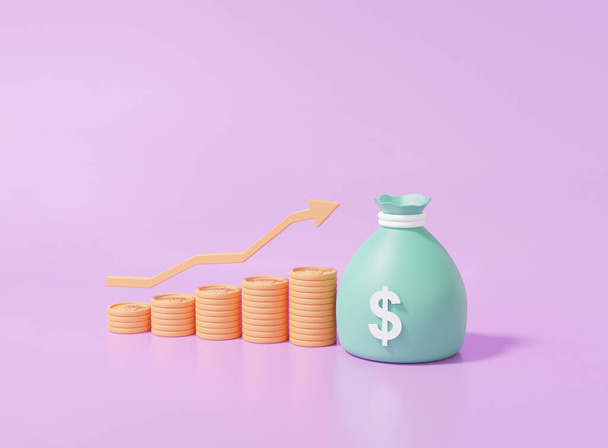 Cartoon στυλ βέλος και δείχνει οικονομικά νομίσματα μείωση στοίβες, πράσινο χρήματα τσάντα σε μωβ παστέλ φόντο Εξοικονόμηση κόστους έννοια. minimal στυλ κινουμένων σχεδίων, 3D απόδοση εικονογράφηση - Φωτογραφία, εικόνα
