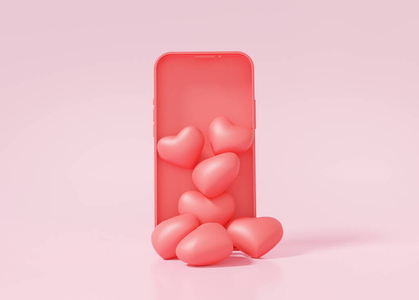 Heart flow out of smartphone. Mobile social media network love concept. on pink background. 3D renderin - Photo, Image