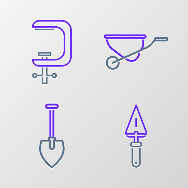 Set line Trowel Shovel Wheelbarrow and Clamp and screw tool icon. Vector. - Vector, Image