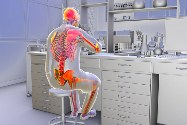 Distúrbios musculoesqueléticos relacionados ao trabalho em trabalhadores de laboratório, ilustração conceitual 3D mostrando um especialista em laboratório com esqueleto destacado trabalhando com microscópio - Foto, Imagem