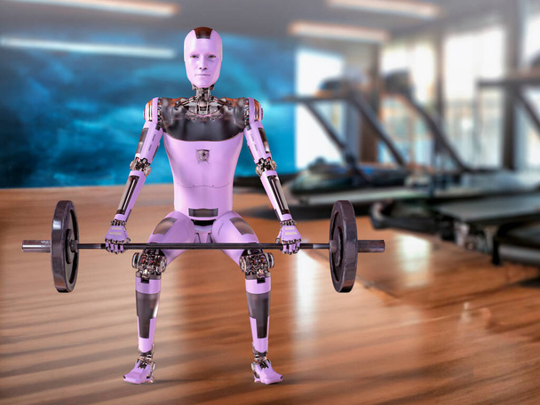 Robot emelő nehéz súlyzó, 3D illusztráció. A súlyemelő robotok koncepciója. Mesterséges intelligencia az iparban és a sportban - Fotó, kép
