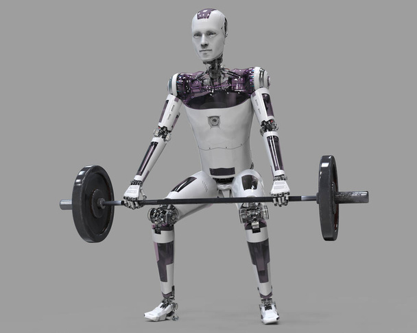 Robot levant haltère lourde, illustration 3D. Concept de robots haltérophiles. Intelligence artificielle dans l'industrie et le sport - Photo, image