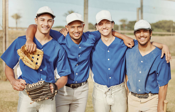 Baseball player, baseball and team, sport on baseball field, young men smile in portrait, fitness and exercise with sports game. Athlete, happy and glove, workout and training, happy about match - Φωτογραφία, εικόνα